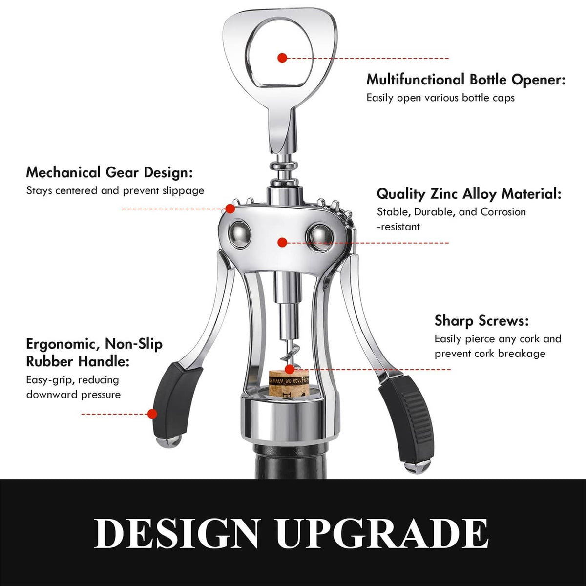 Silver wing corkscrew bottle opener with ergonomic non-slip rubber handles