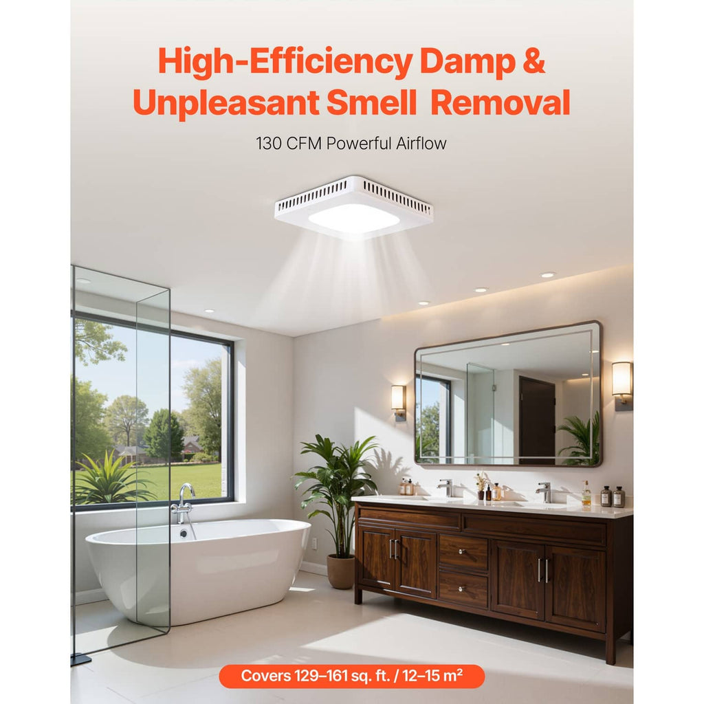 Ceiling bathroom ventilation fan with LED light installed in a bathroom ceiling