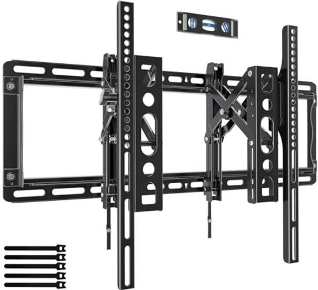 Full motion TV wall mount kit in black with long horizontal brackets and side plates