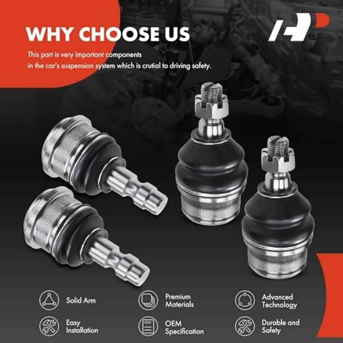 Ball joint assemblies with black boots and silver metal arms, plus mounting hardware