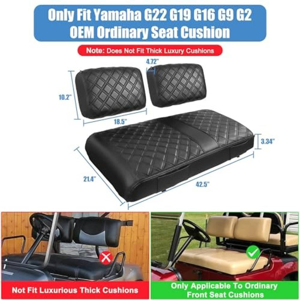 Black seat cushion and headrest cover set shown in a dimension diagram