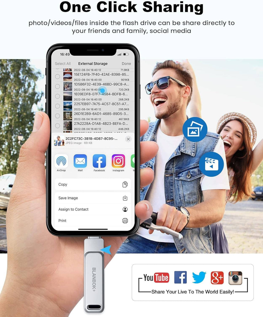 Gray BLANBOKX flash drive with Lightning end and USB plug for quick sharing