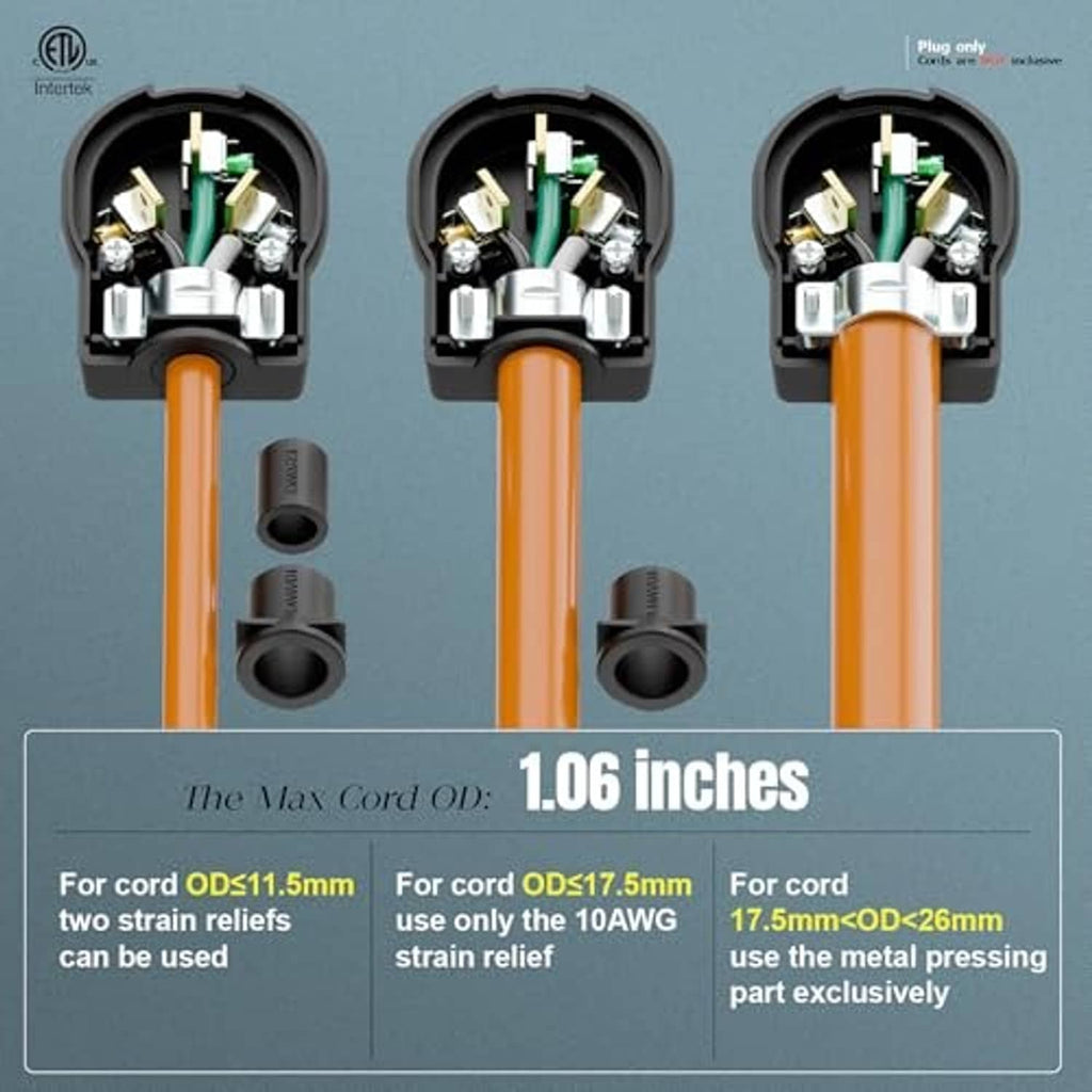 NEMA 10-30P power plug with strain relief opening, gold prongs and black housing
