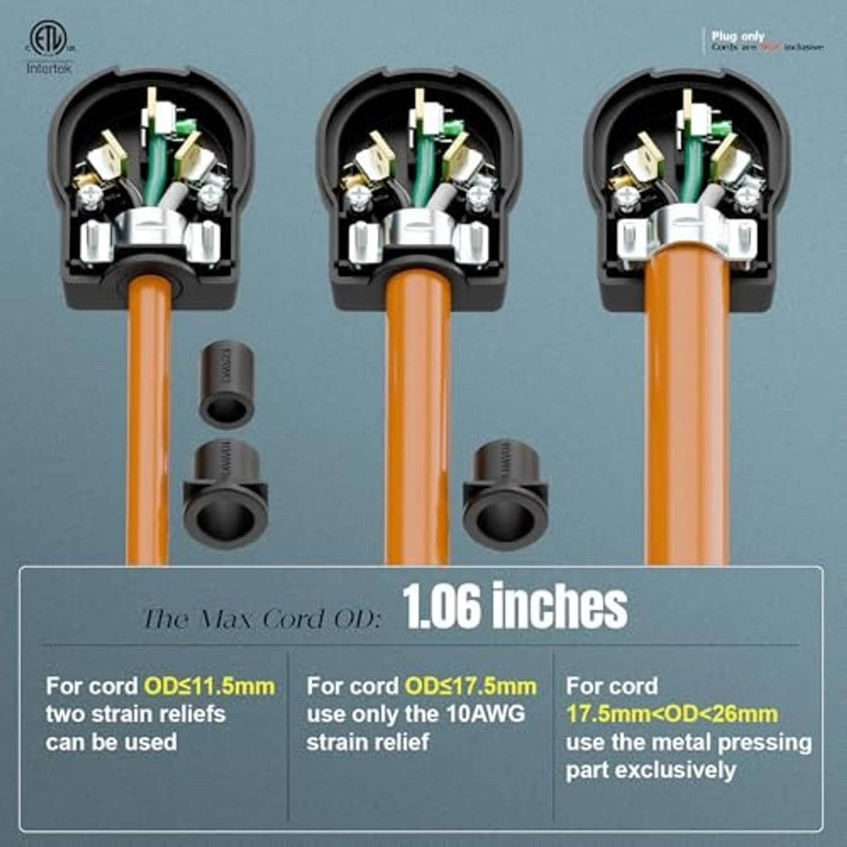 NEMA 10-30P power plug with strain relief opening, gold prongs and black housing