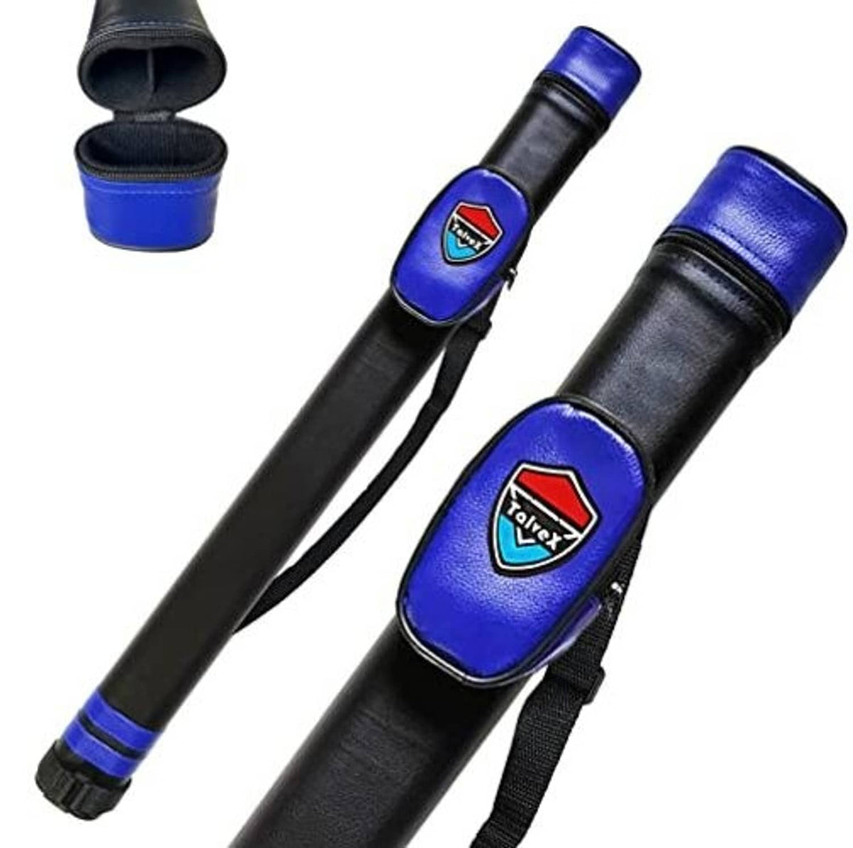 Hard pool cue case with blue reinforced end pads and two-tone strap for carrying