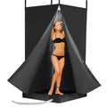 Black privacy shower tent with V-shaped curtain and foldable shower base
