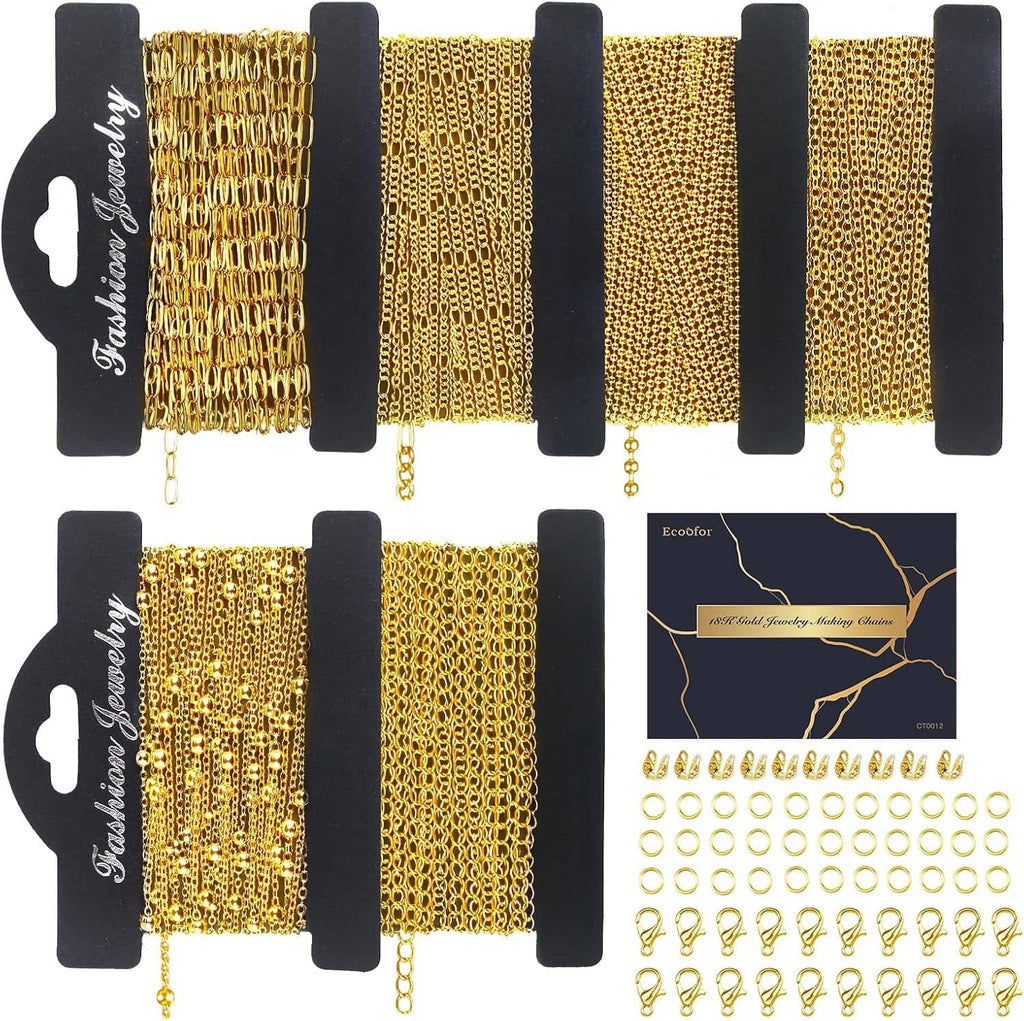 Gold tone chain roll set on black cards with bundled connectors and rings