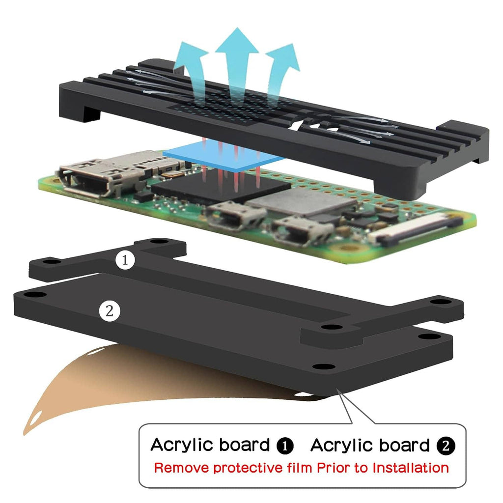 Aluminum heatsink case kit exploded view with acrylic board, screws, and protective film
