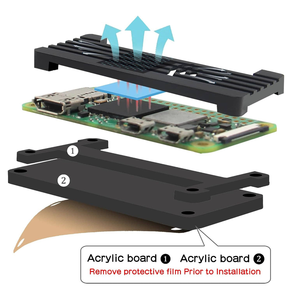 Aluminum heatsink case kit exploded view with acrylic board, screws, and protective film