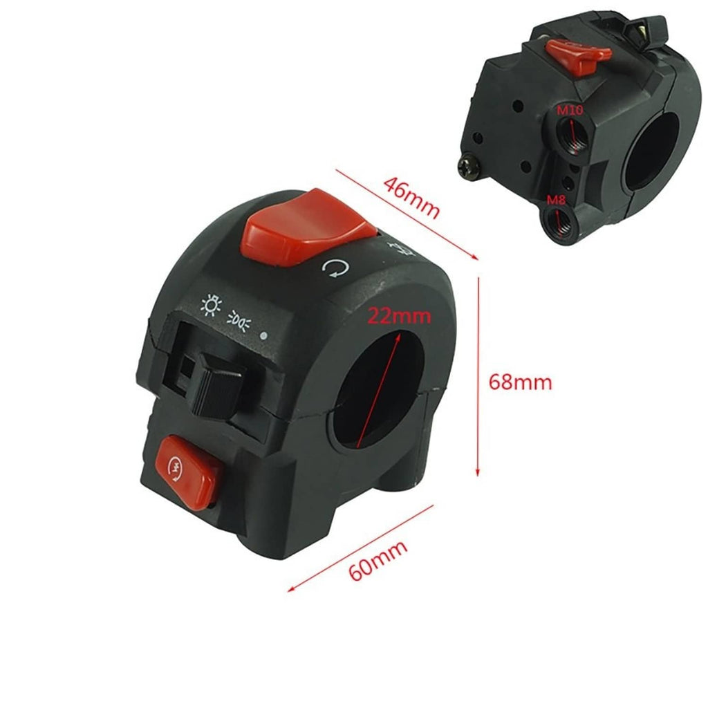 Motorcycle handlebar switch with red top button and black housing; labeled dimensions