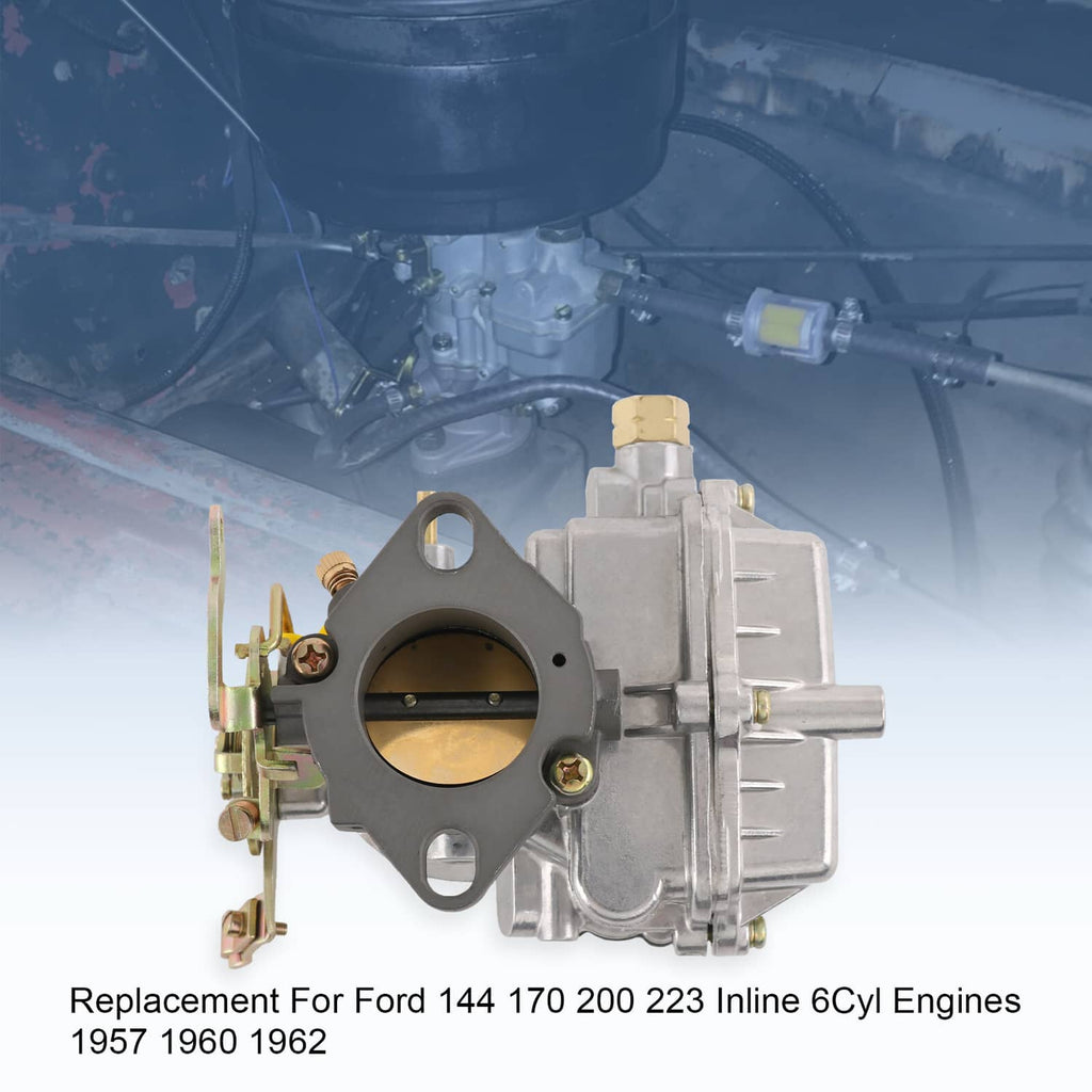 Installed carburetor with oval air horn opening and mounting plate, silver and brass hardware.