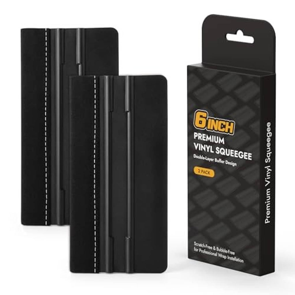 Two black 6-inch felt vinyl squeegees with stitched edges and scraper bars in box