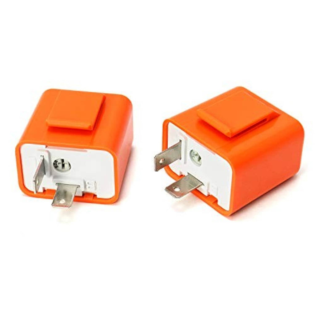 2-pin electronic flasher relay with orange case and two metal mounting tabs