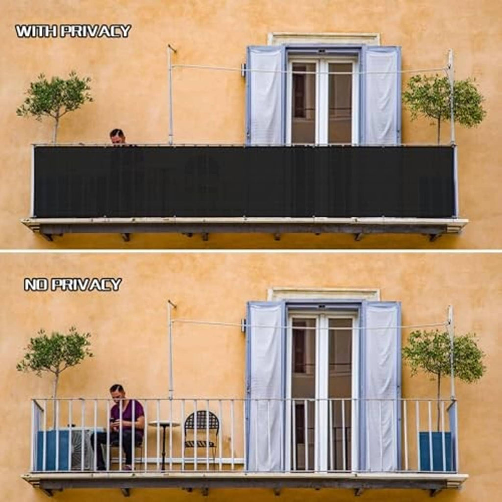 Black balcony privacy screen fabric covering an outdoor railing