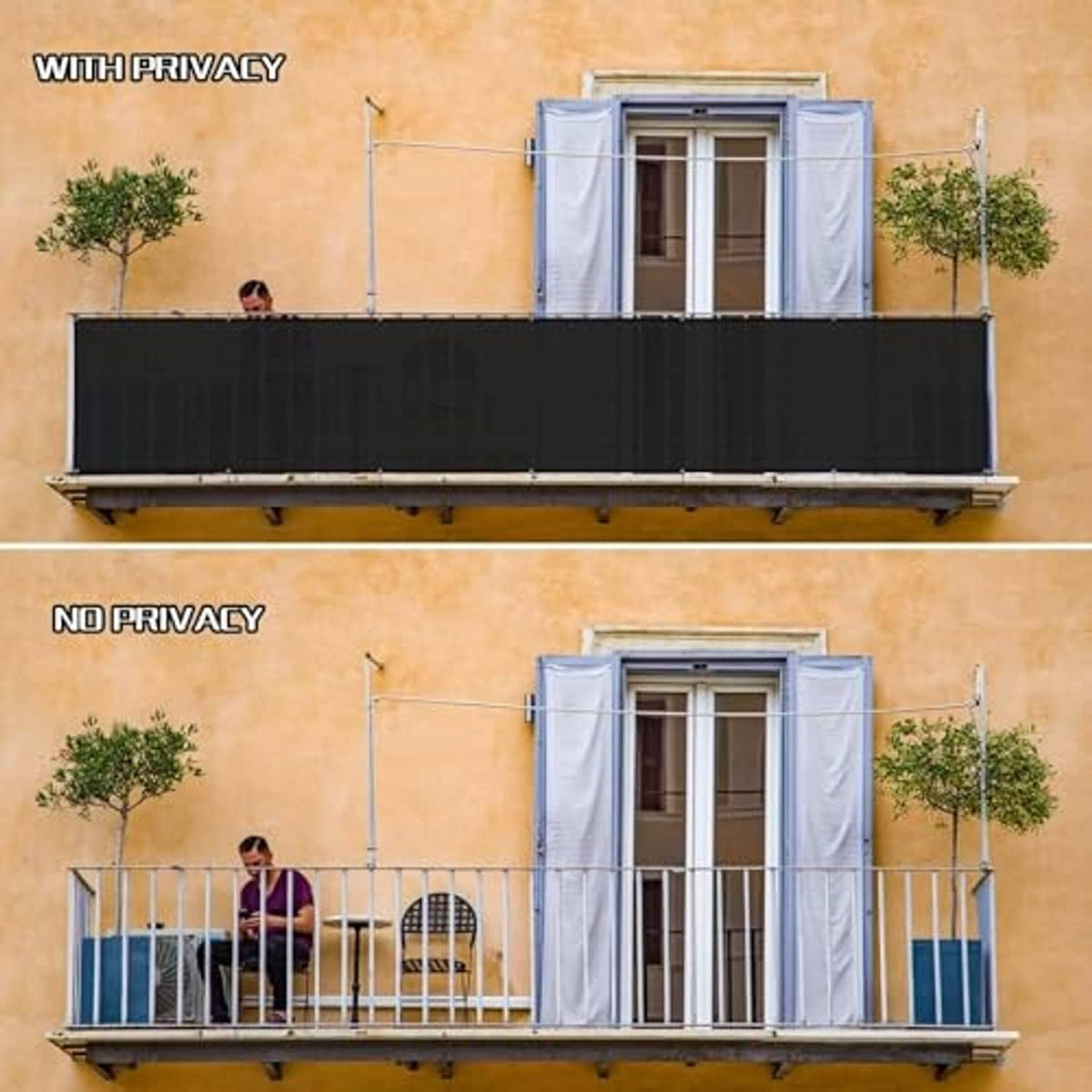 Black balcony privacy screen fabric covering an outdoor railing