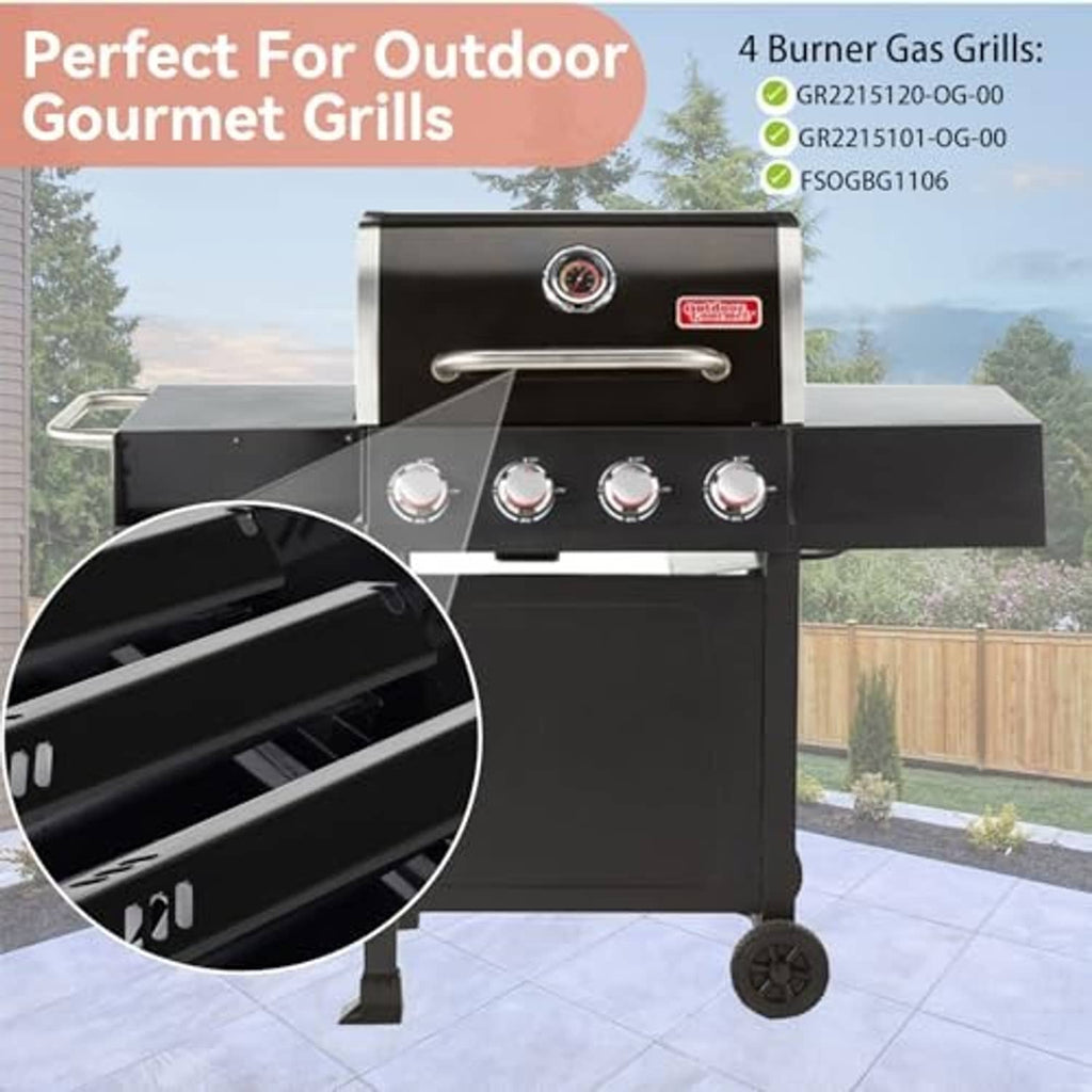 Black 4-burner gas grill with control knobs and side burner area