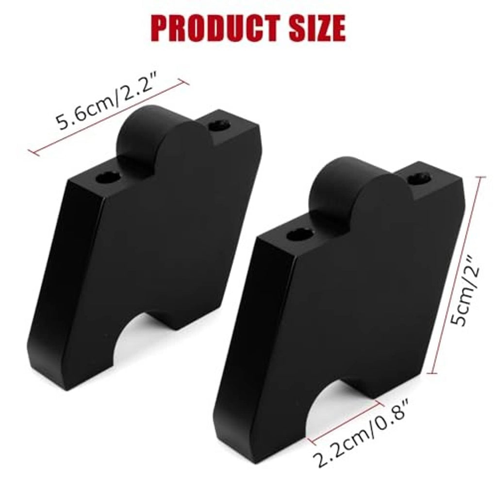 Black adjustable handlebar risers shown with size dimensions and bolt-hole tops