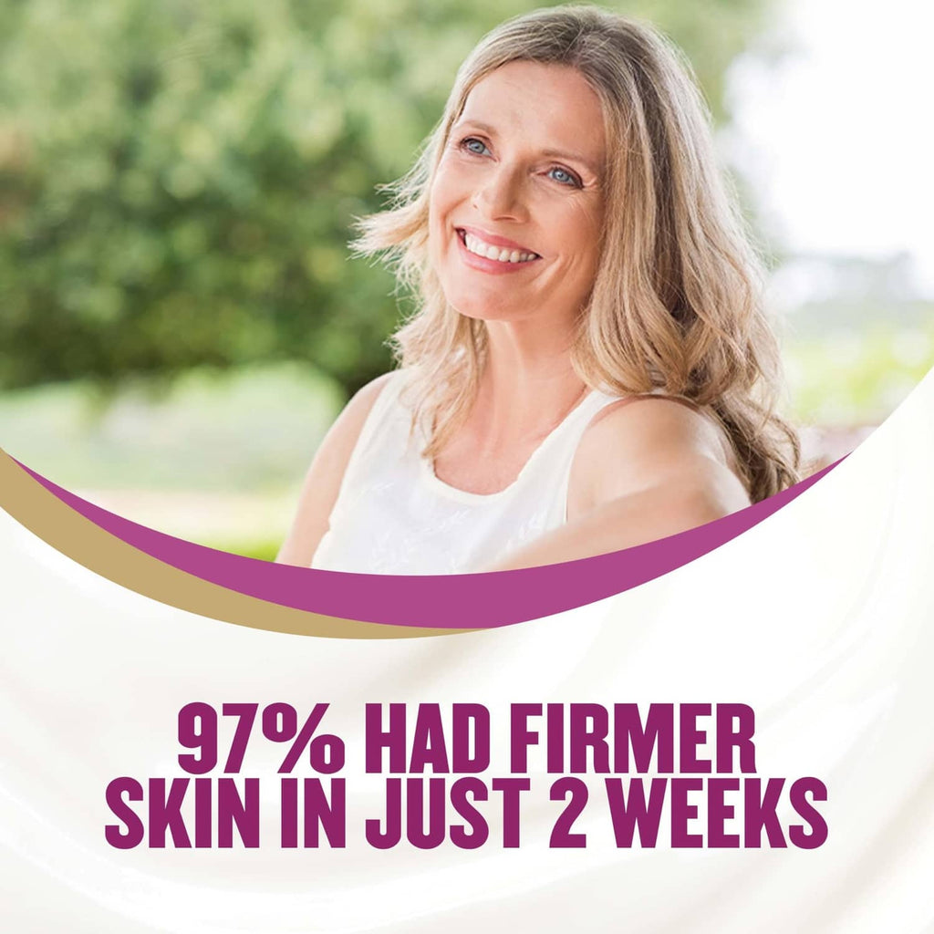Woman smiling with 97% firmer skin in just 2 weeks banner for neck & chest cream