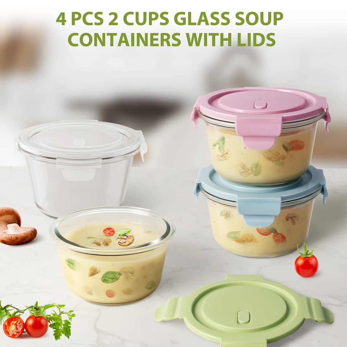 Set of glass meal prep containers with airtight lids in white, blue, and green.
