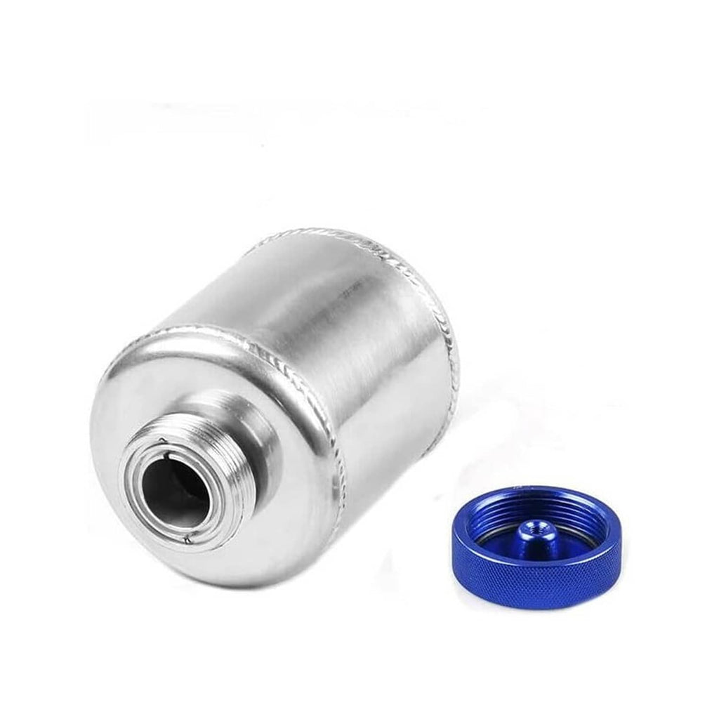 Aluminum power steering reservoir tank with threaded inlet and blue cap top