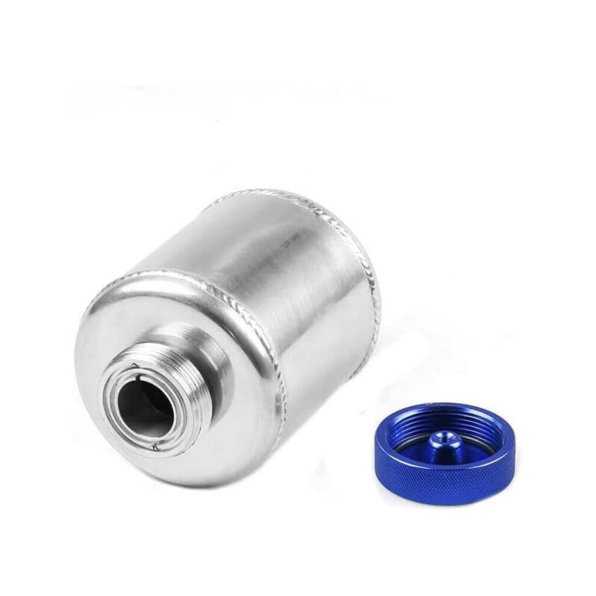 Aluminum power steering reservoir tank with threaded inlet and blue cap top