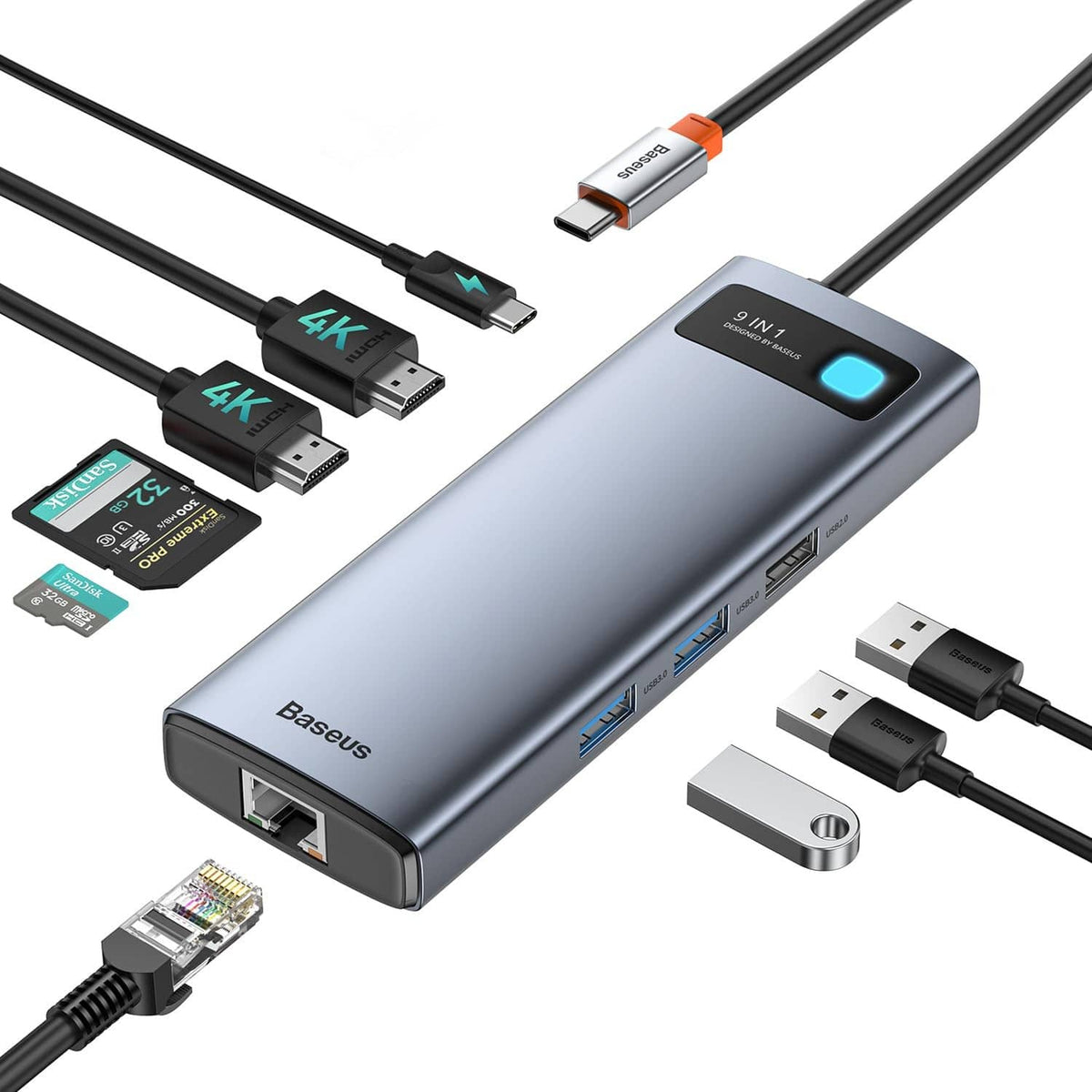 Baseus grey USB-C laptop docking hub with multiple ports, compact 9-in-1 design