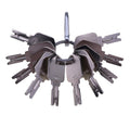 Silver forklift key set with multiple spare keys on a circular ring