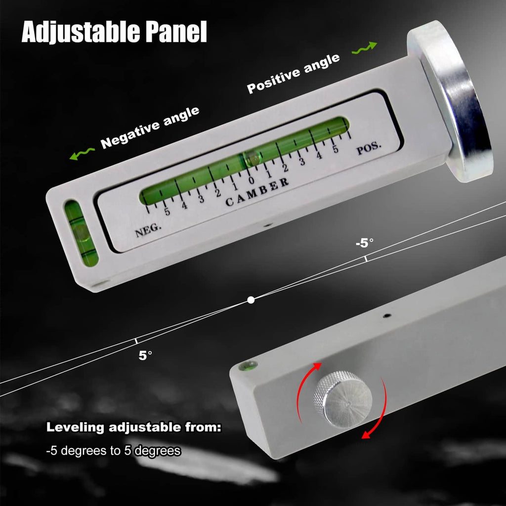Adjustable camber gauge panel with green scale, POS/NEG markings and angle knob