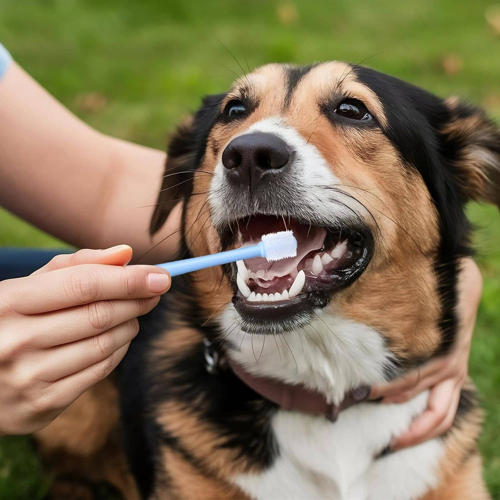 Blue pet toothbrush with soft silicone bristles brushing a dog’s teeth