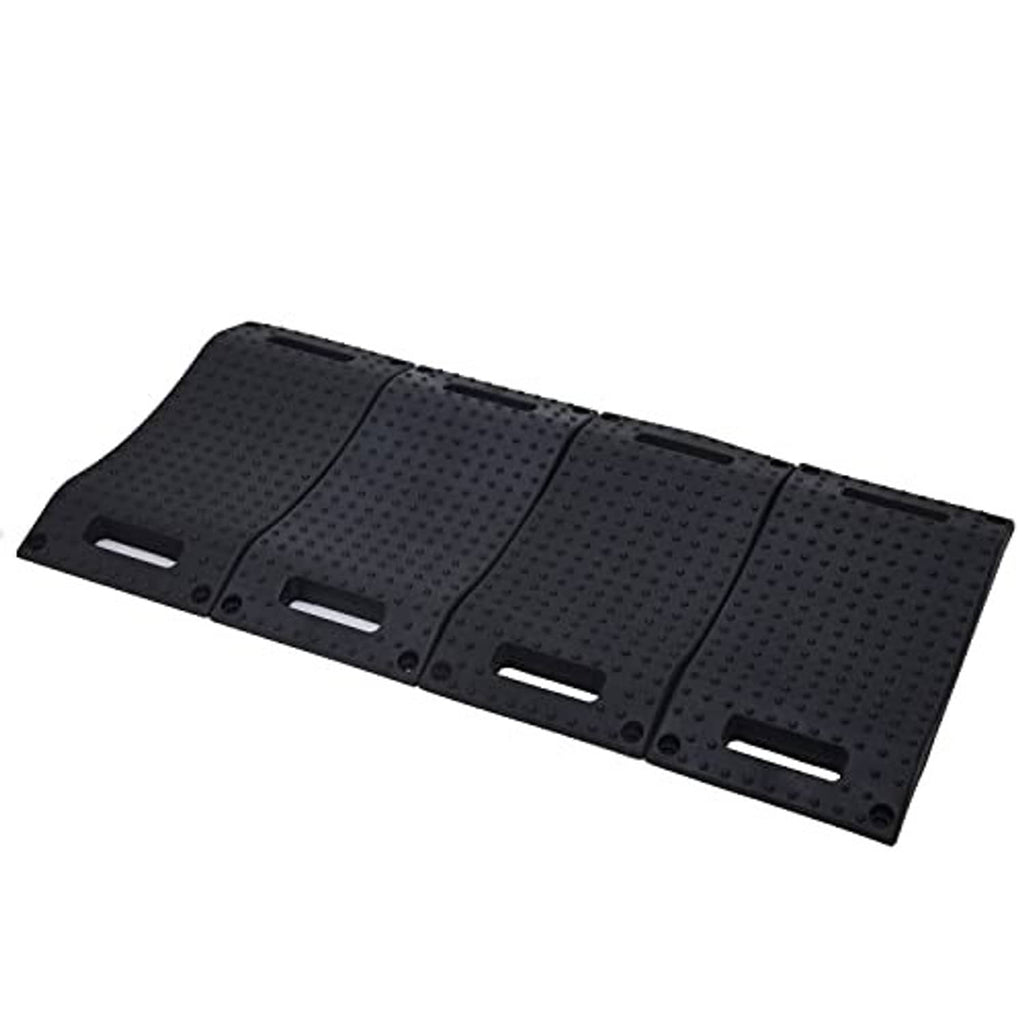 Black rubber tire wheel ramp pad with textured grip and four rectangular cutouts.