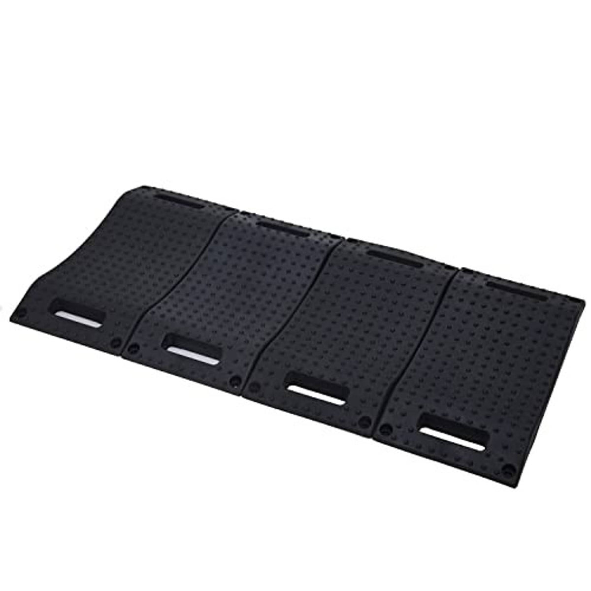 Black rubber tire wheel ramp pad with textured grip and four rectangular cutouts.