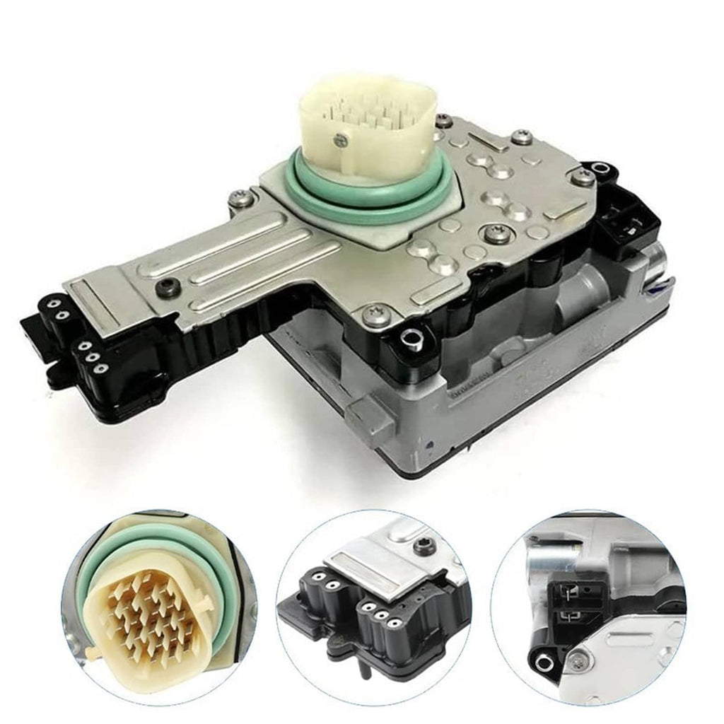 Transmission solenoid pack with green gasket ring and connector pins, angled view