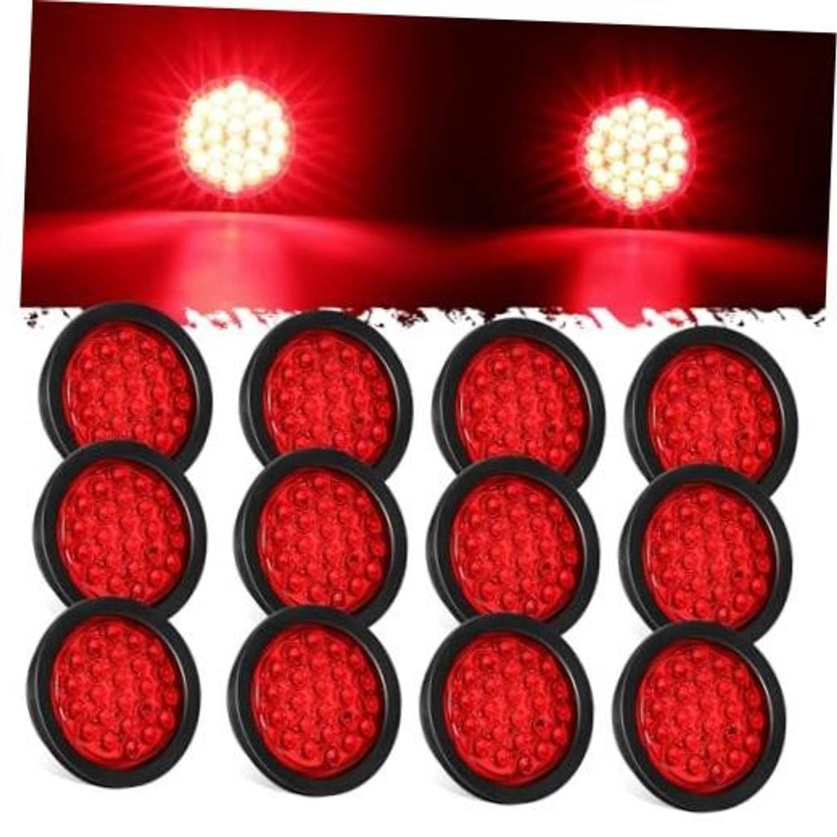 4-inch round red LED trailer tail lights kit with 12 lights, black housings.