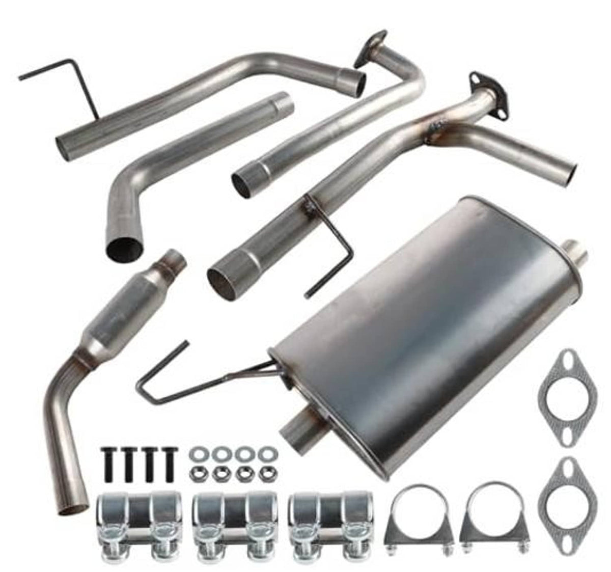 Exhaust resonator muffler and tailpipe kit with multiple silver pipes and mounting parts