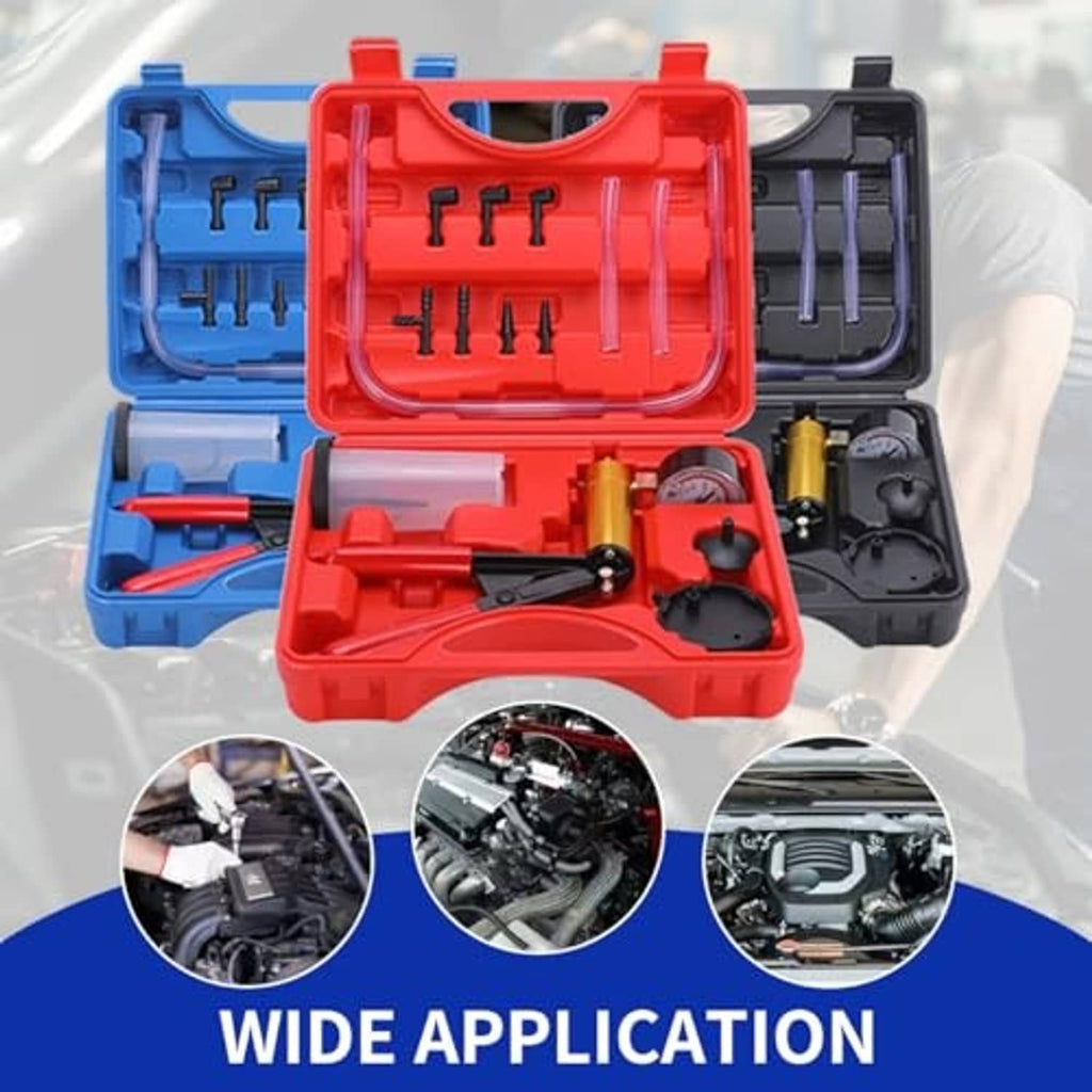 Brake bleeder vacuum pump kit with tools and adapters in red and blue cases