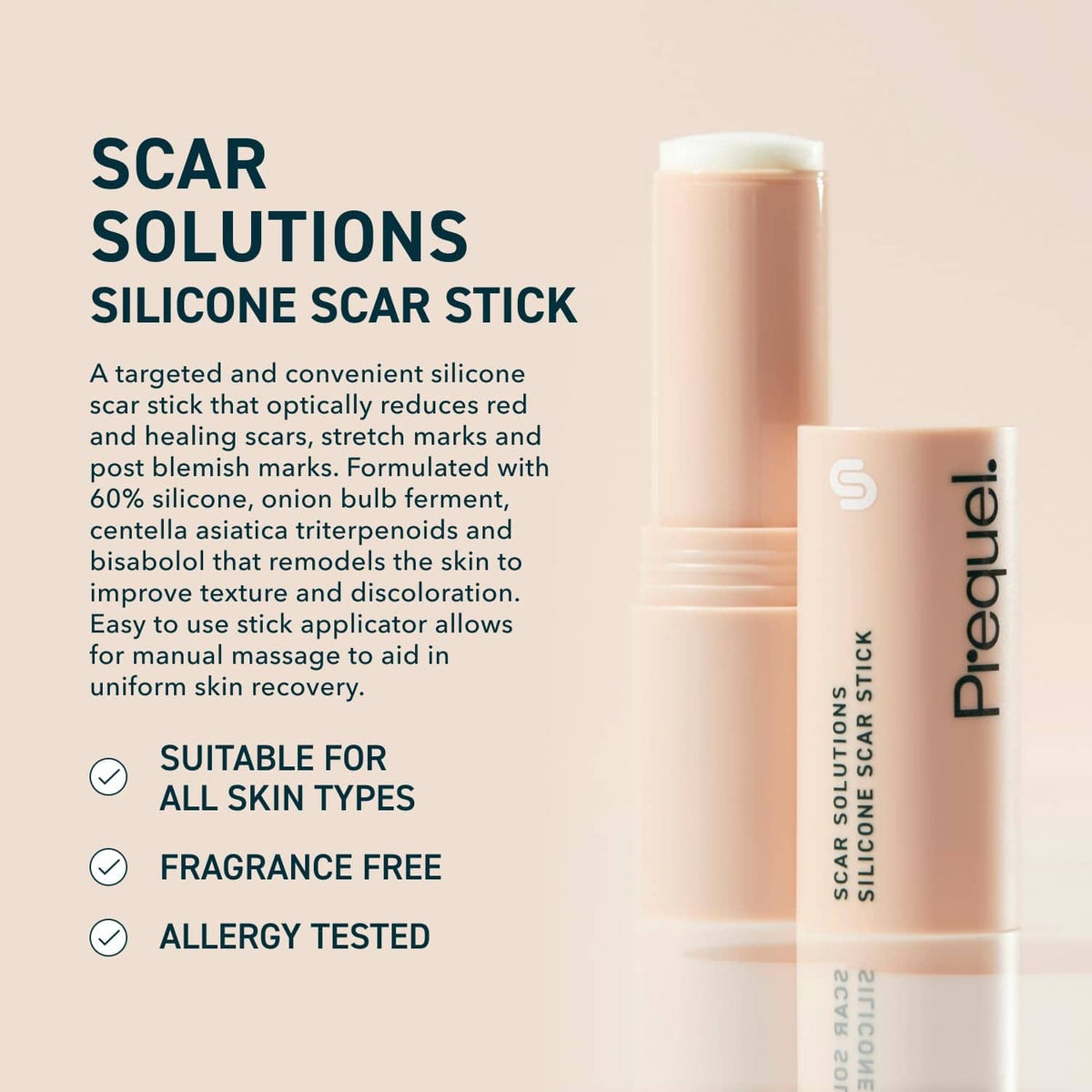 Prequel silicone scar stick in beige container with cap, thick solid balm inside