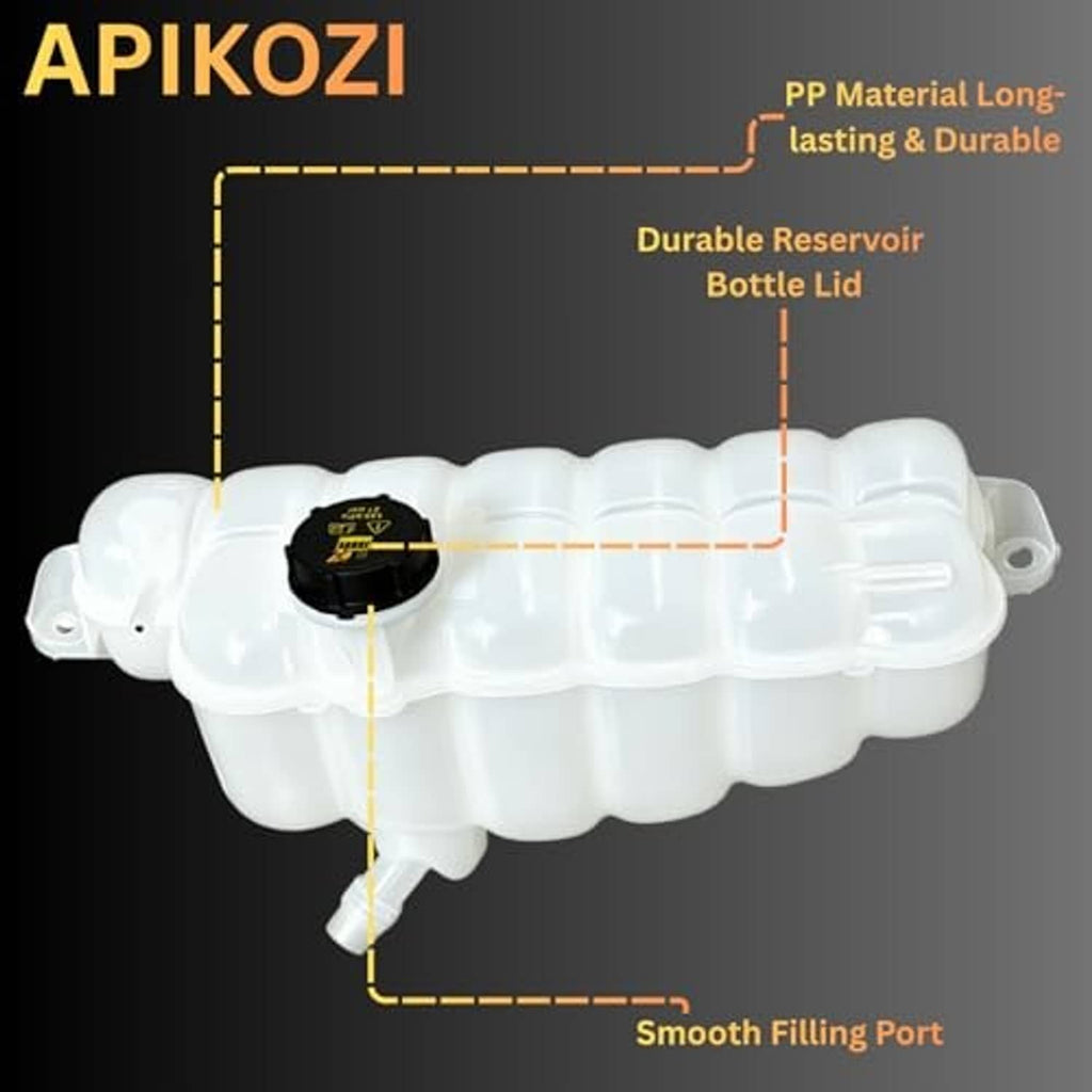 White coolant overflow reservoir with black cap, showing side detail and smooth filling port