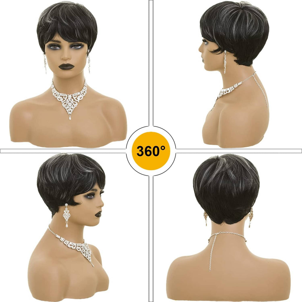 360 view of short layered pixie cut wig in dark black with grey mixed tone.