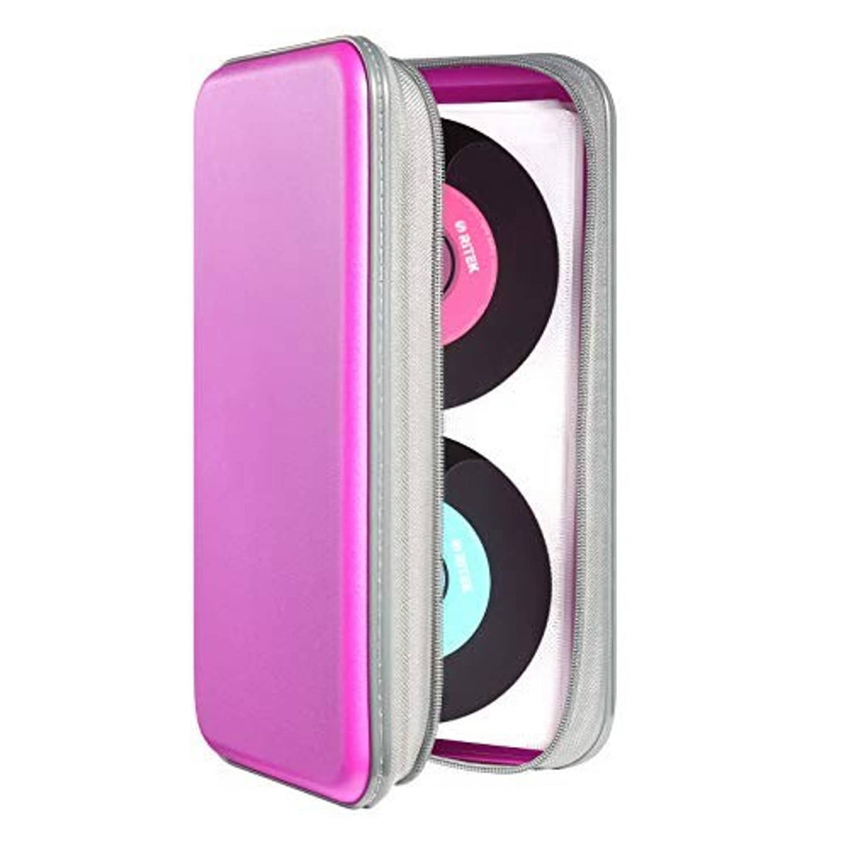 Purple hard plastic CD case, open, showing two stacked discs inside