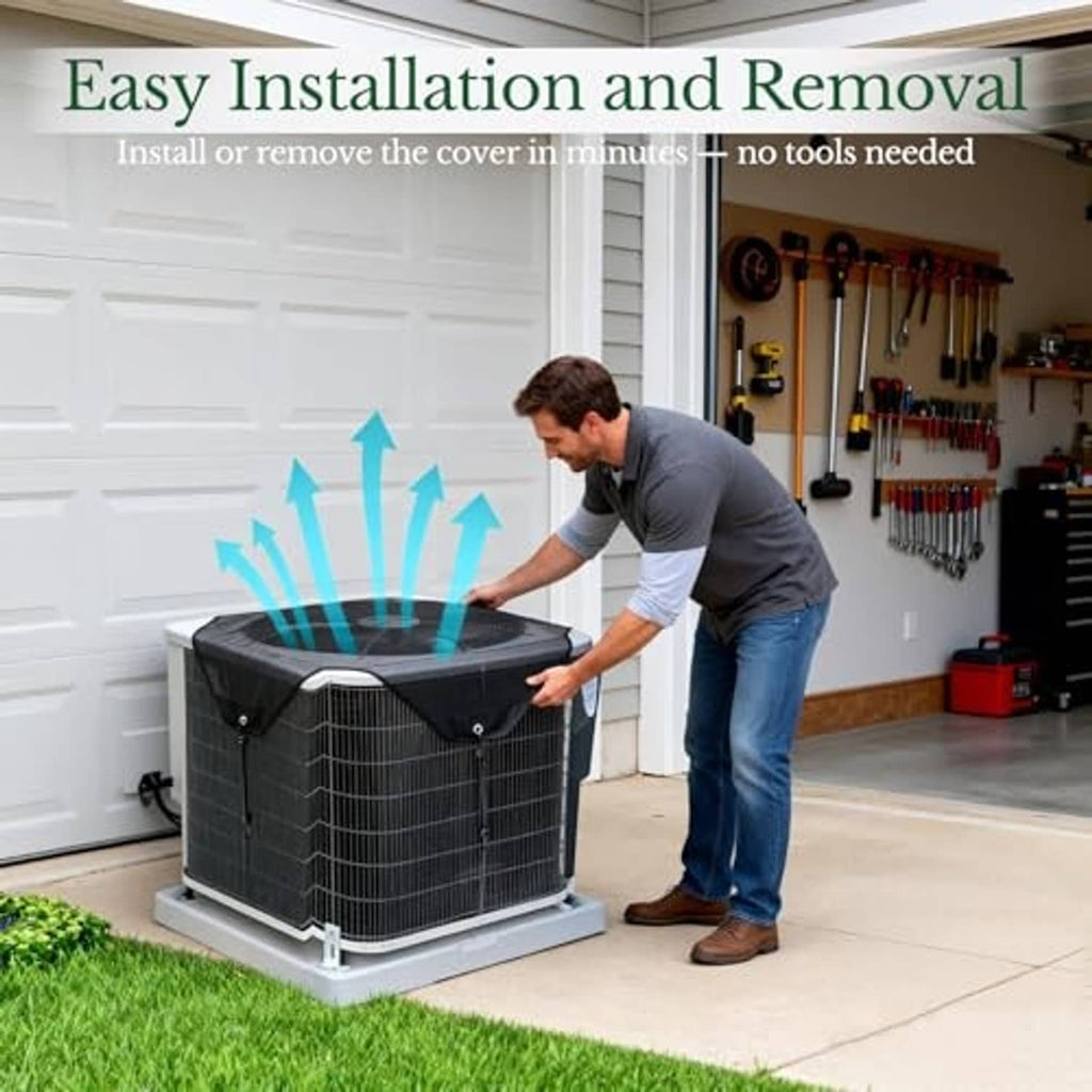 Outdoor AC condenser with black mesh cover being installed and removed