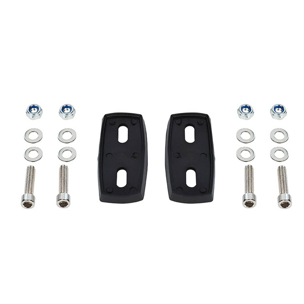 Pair of black rearview mirror brackets with mounting bolts, washers, and blue caps