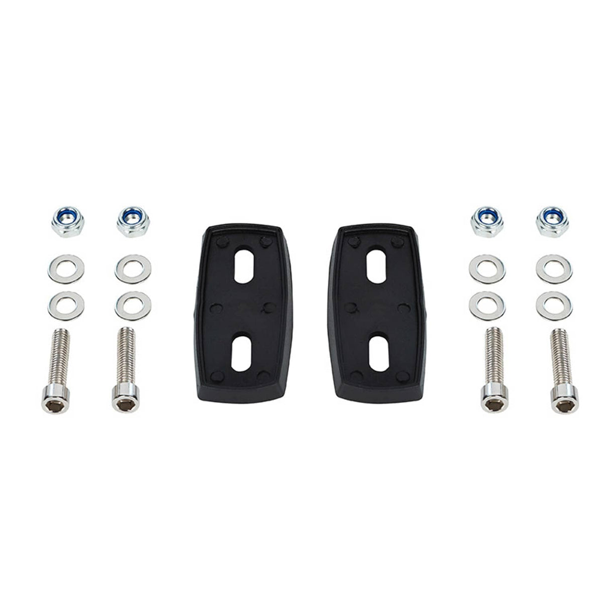 Pair of black rearview mirror brackets with mounting bolts, washers, and blue caps