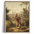 Framed vintage bunny wall art poster with two rabbits carrying a basket in a garden scene