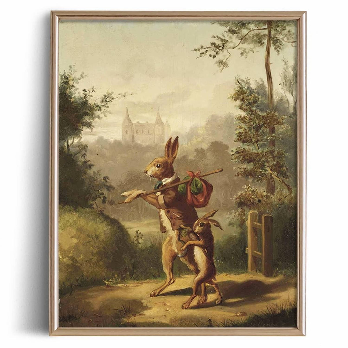 Framed vintage bunny wall art poster with two rabbits carrying a basket in a garden scene