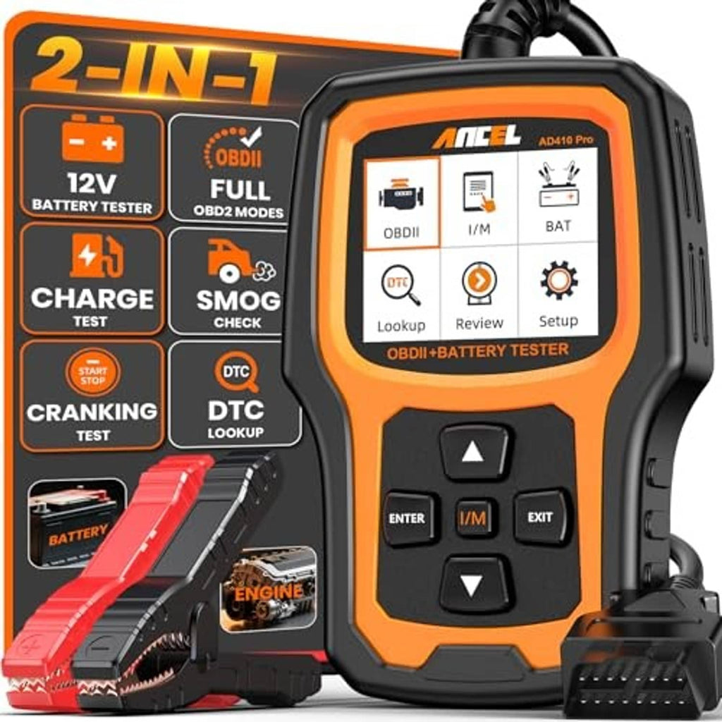 Orange and black handheld OBD2 scanner and battery tester with display, controls, and OBD cable
