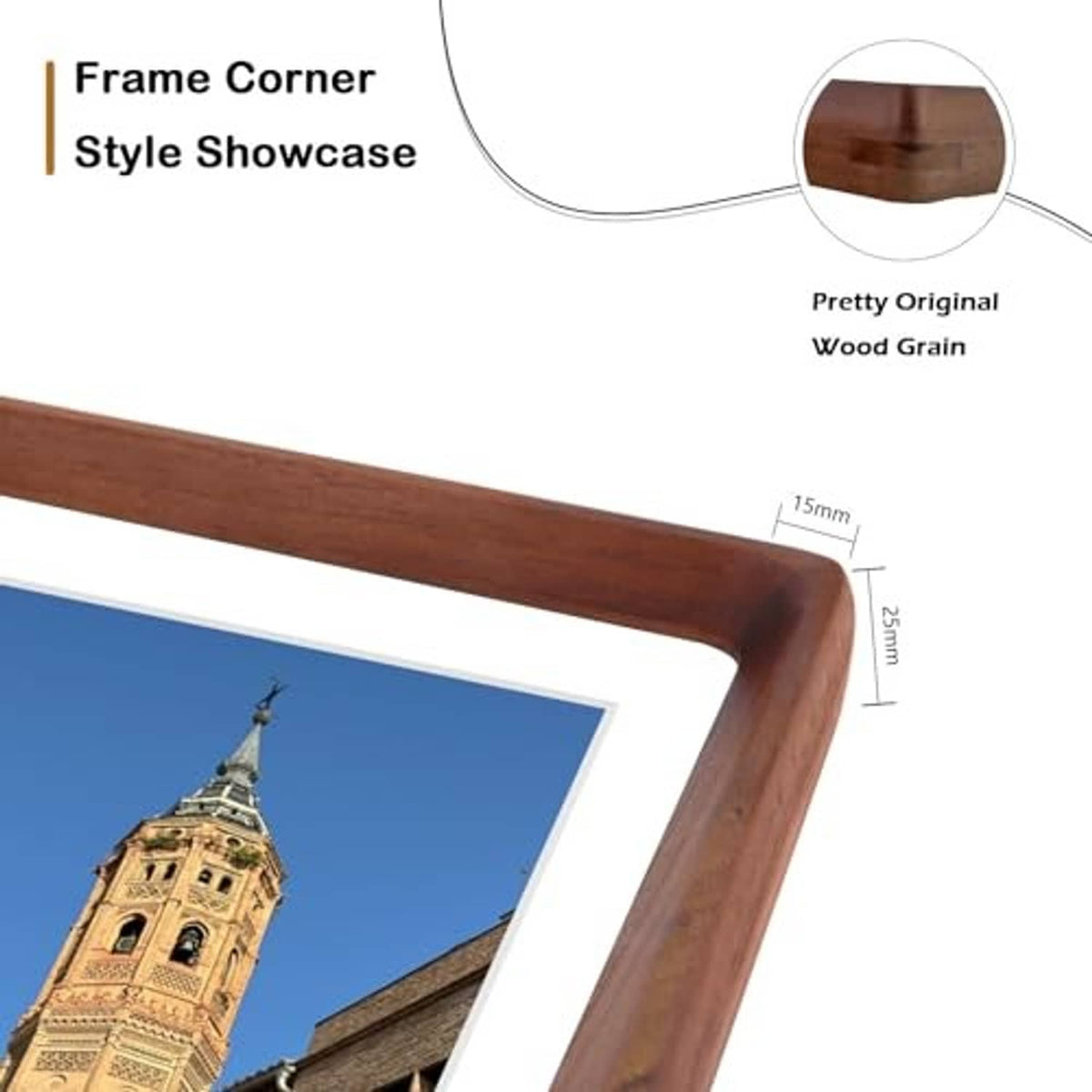 Walnut square photo frame corner detail with visible wood grain