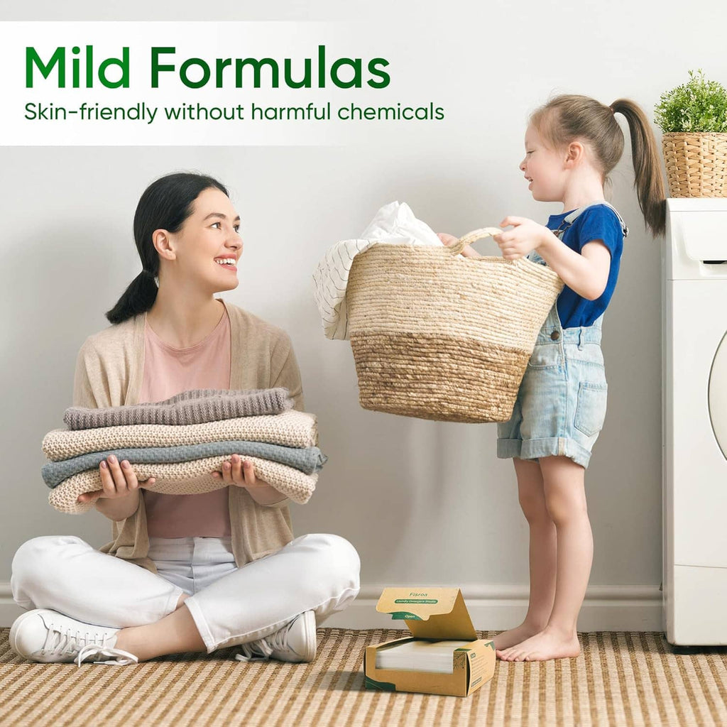 Gentle laundry washing with detergent sheets, mother holding folded clothes