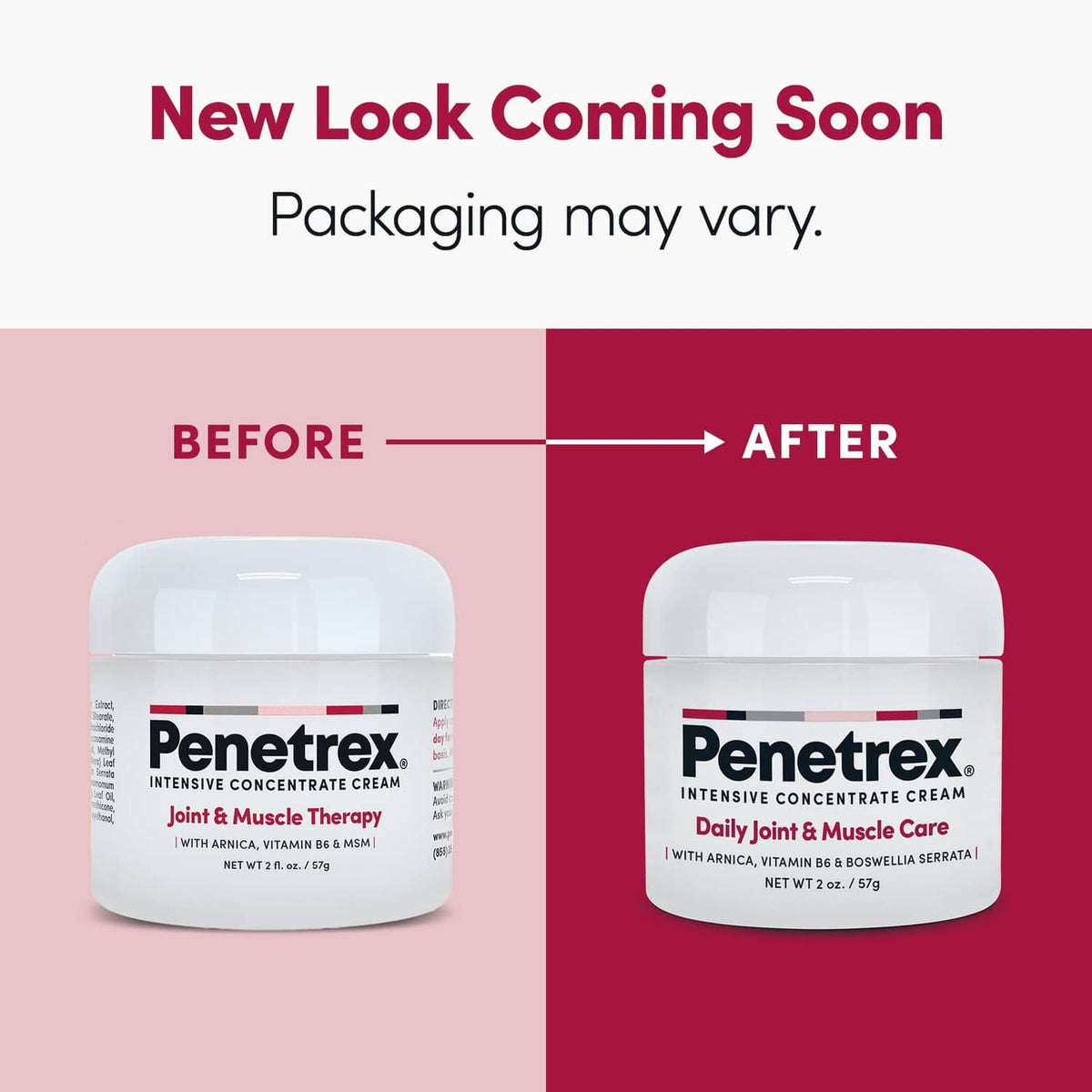 Two white cream jars shown side by side in before-and-after packaging layout