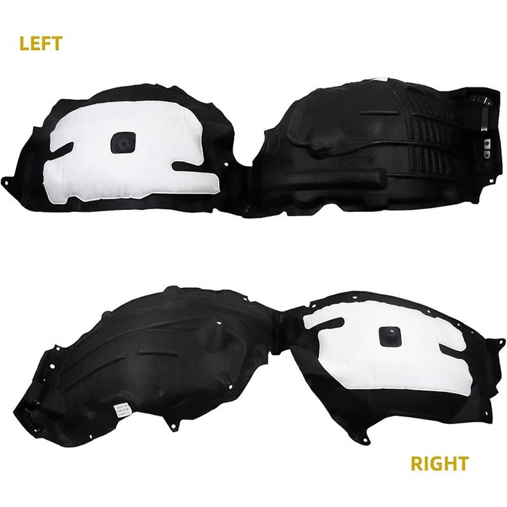 Left and right front fender liners, black plastic splash guards with white sound pads