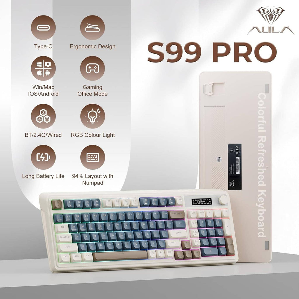 White wireless keyboard with full-size layout, RGB backlighting, and side media knob